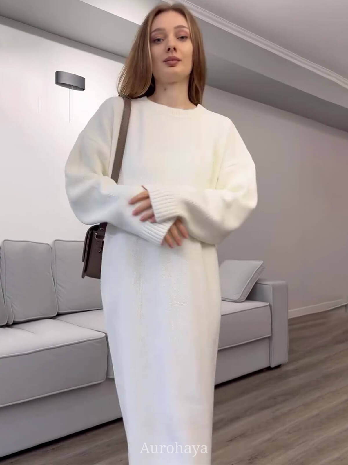 Cozy Knit Crew Neck Long Sleeve Loose Fit Dress