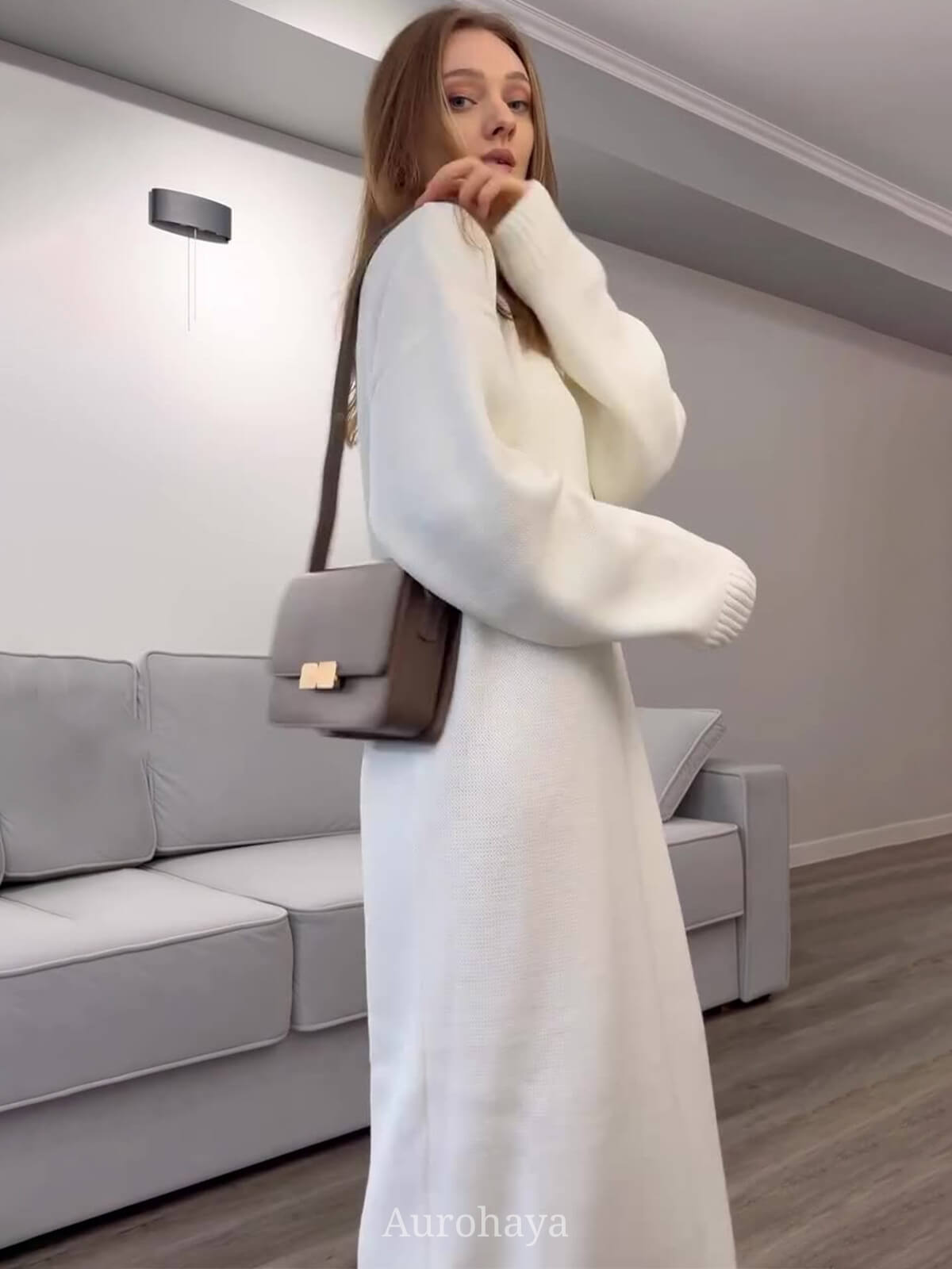 Cozy Knit Crew Neck Long Sleeve Loose Fit Dress