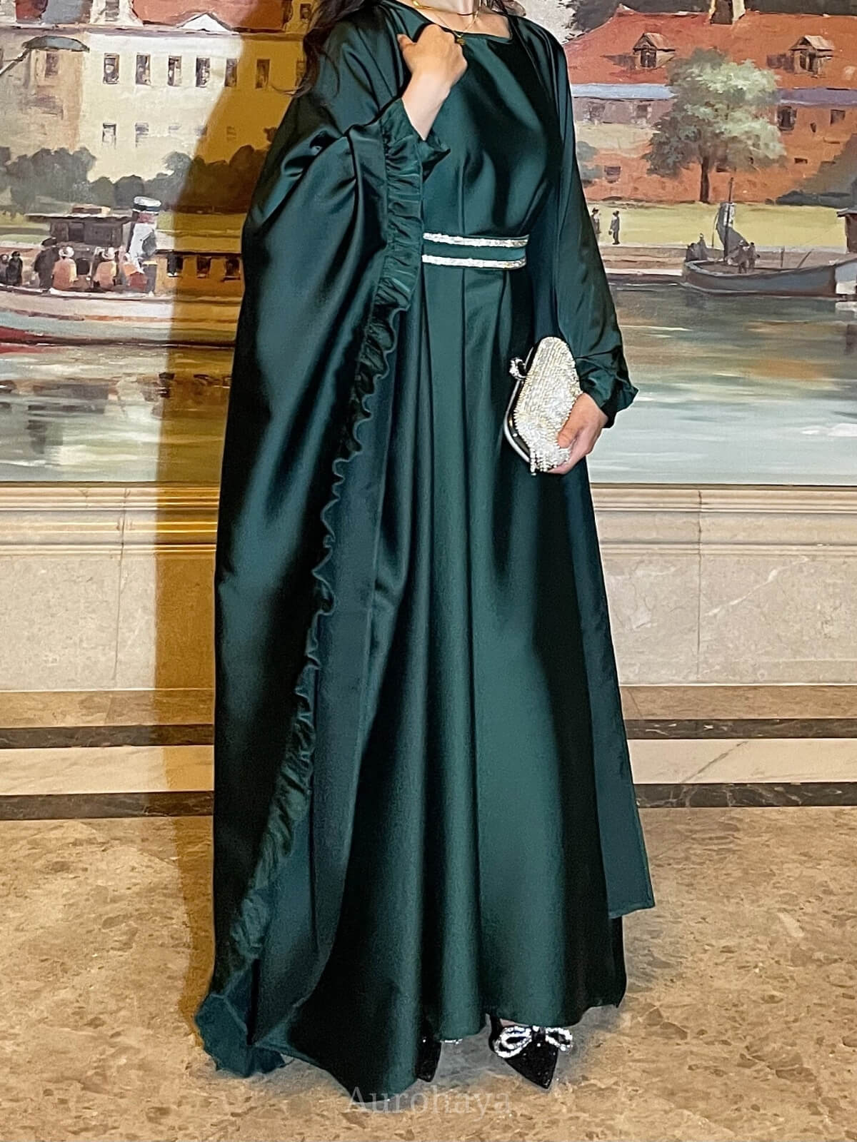 Satin Butterfly Open Abaya With Inner Dress 2-Piece Set