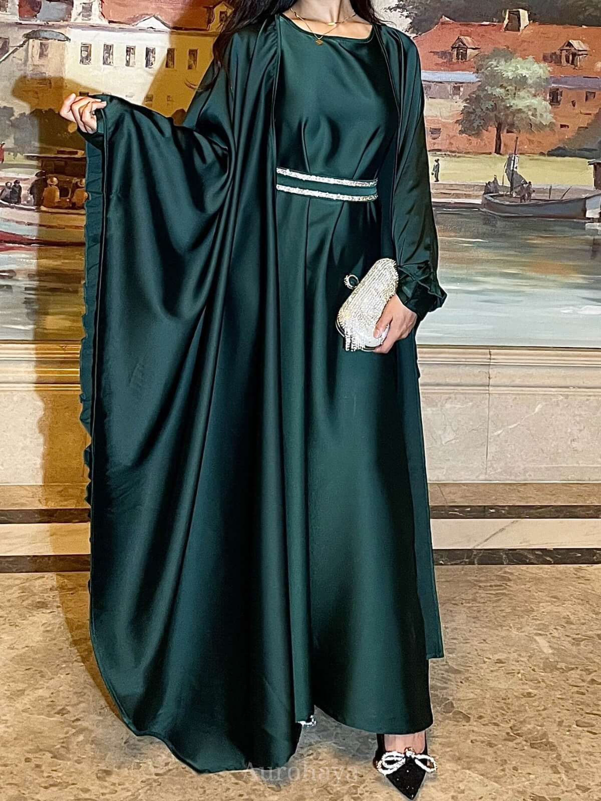 Satin Butterfly Open Abaya With Inner Dress 2-Piece Set