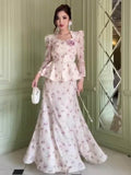 Floral Long-Sleeve Peplum Top & Maxi Skirt 2-Piece Set