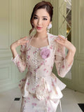 Floral Long-Sleeve Peplum Top & Maxi Skirt 2-Piece Set