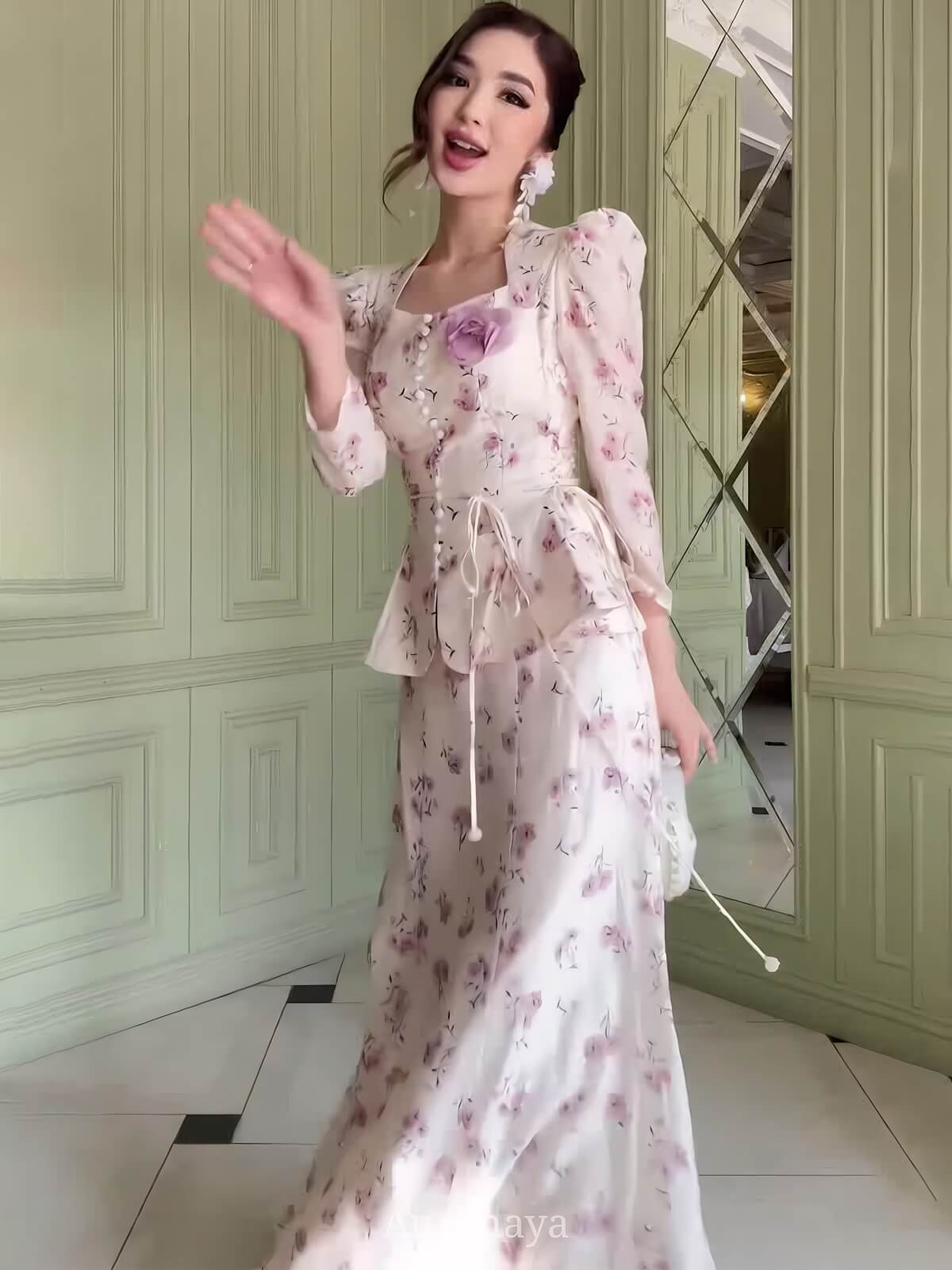 Floral Long-Sleeve Peplum Top & Maxi Skirt 2-Piece Set