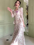 Floral Long-Sleeve Peplum Top & Maxi Skirt 2-Piece Set