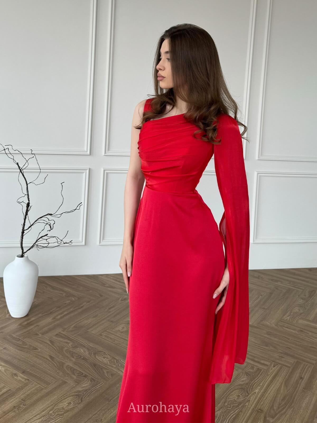 Aurohaya One-Shoulder Long-Sleeve Slim-Fit Maxi Dress