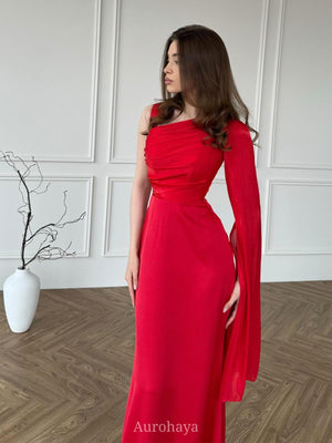 Aurohaya One-Shoulder Long-Sleeve Slim-Fit Maxi Dress