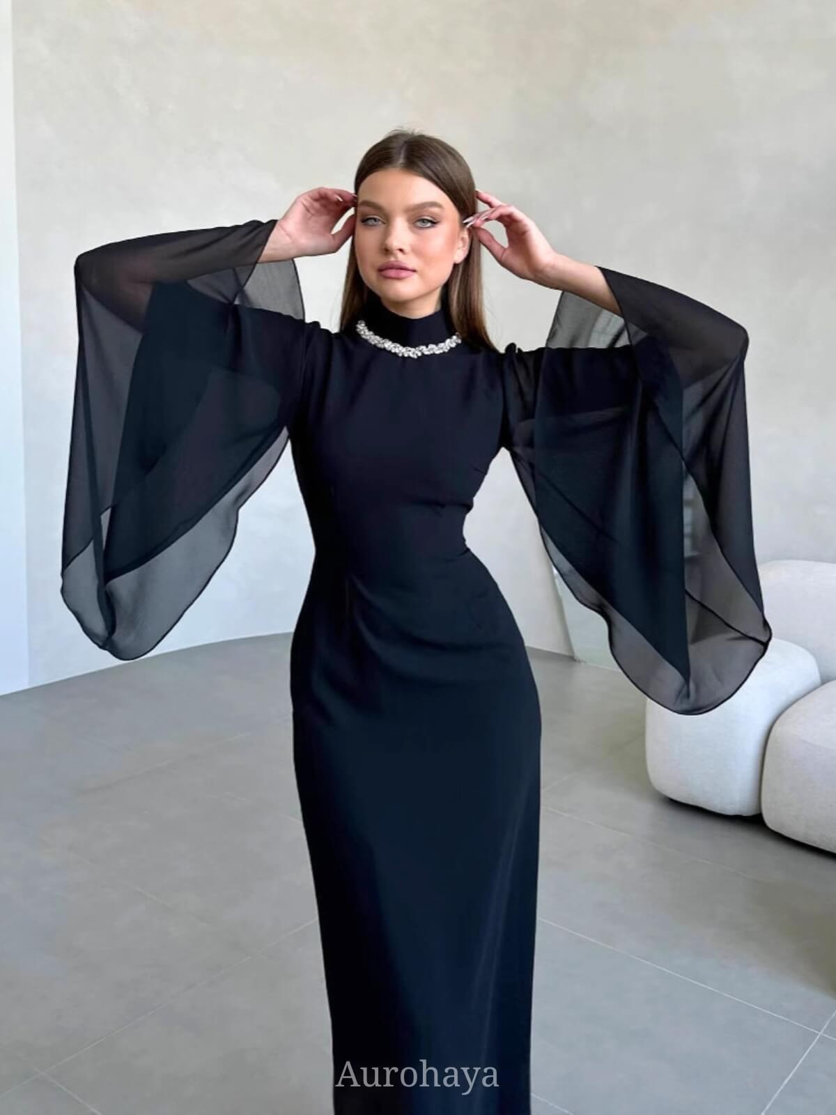 Aurohaya Pearl Neck Long Bell Sleeves Slim-Fit Maxi Dress Black