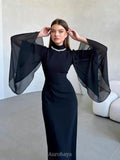 Pearl Neck Long Bell Sleeves Slim-Fit Maxi Dress