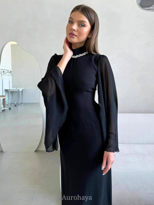 Aurohaya Pearl Neck Long Bell Sleeves Slim-Fit Maxi Dress