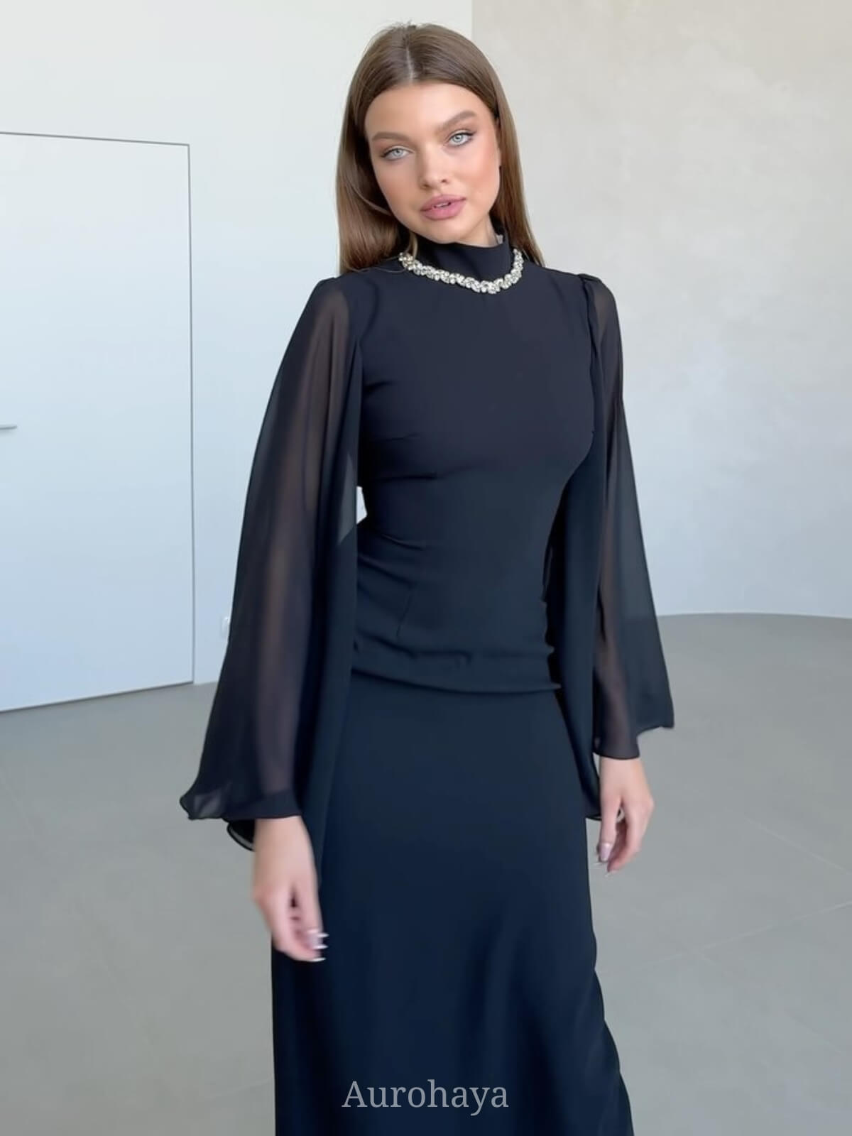 Pearl Neck Long Bell Sleeves Slim-Fit Maxi Dress