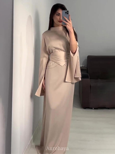 Aurohaya Satin High-Neck Cinched-Waist Long-Sleeve Maxi Dress Champagne