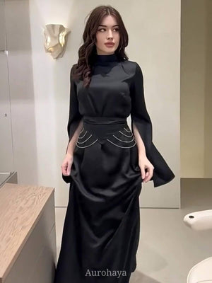 Aurohaya Satin High-Neck Cinched-Waist Long-Sleeve Maxi Dress