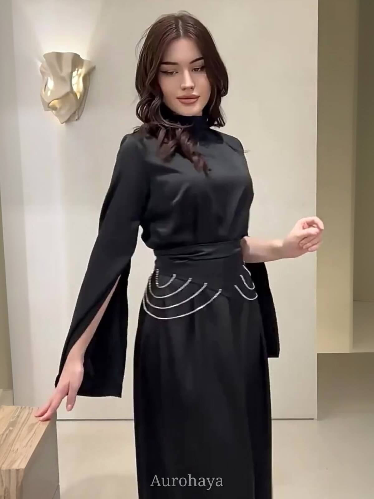 Satin High-Neck Cinched-Waist Long-Sleeve Maxi Dress