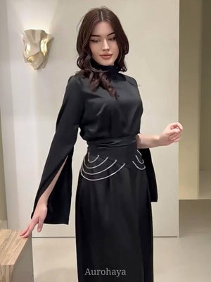 Aurohaya Satin High-Neck Cinched-Waist Long-Sleeve Maxi Dress