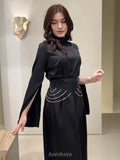 Satin High-Neck Cinched-Waist Long-Sleeve Maxi Dress