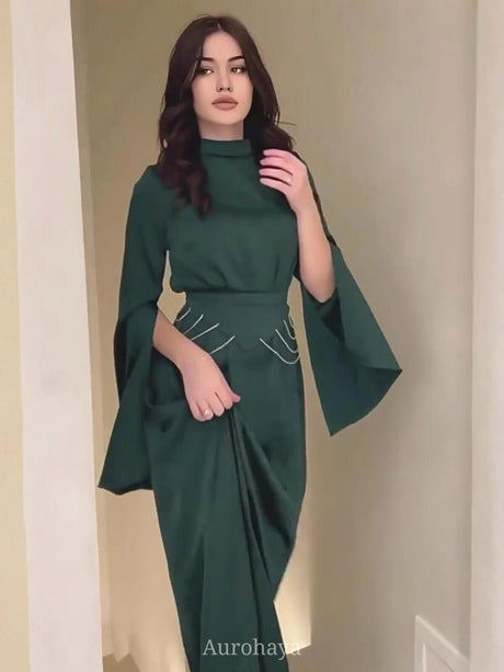 Aurohaya Satin High-Neck Cinched-Waist Long-Sleeve Maxi Dress Green