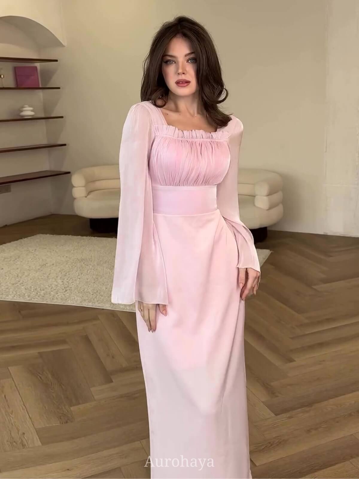 Satin Long Balloon Sleeve Ruched Bodice Maxi Dress