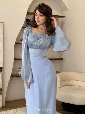 Aurohaya Satin Long Balloon Sleeve Ruched Bodice Maxi Dress