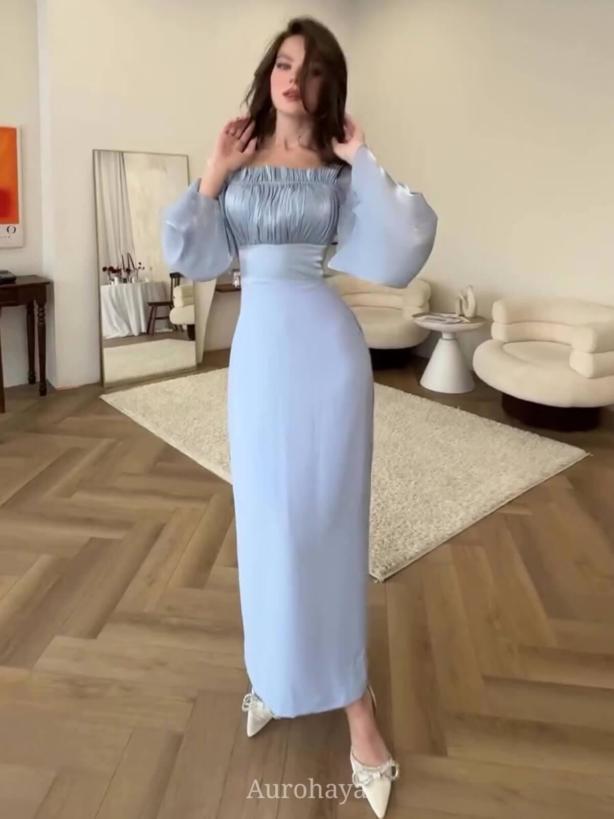 Aurohaya Satin Long Balloon Sleeve Ruched Bodice Maxi Dress Blue