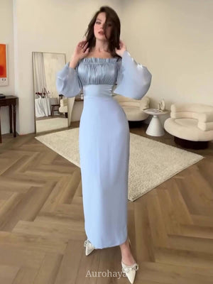 Aurohaya Satin Long Balloon Sleeve Ruched Bodice Maxi Dress Blue