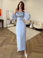 Aurohaya Satin Long Balloon Sleeve Ruched Bodice Maxi Dress Blue