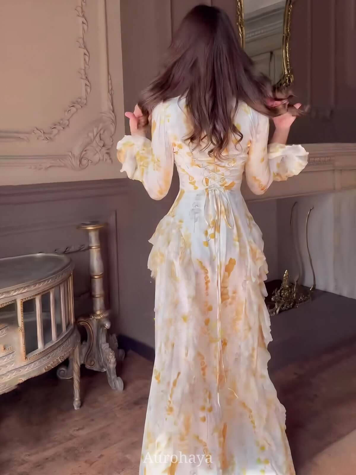 Satin Floral Long Bell Sleeve Lace-Up Maxi Dress