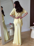 Satin Lace-Up Slit-Back Top & Flare Maxi Skirt Set