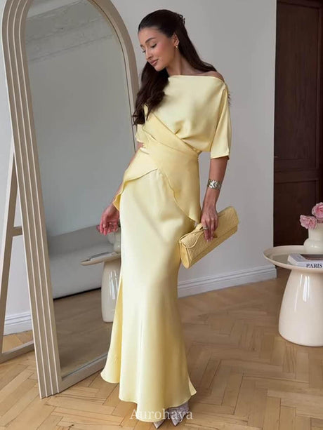 Aurohaya Satin Lace-Up Slit-Back Top & Flare Maxi Skirt Set