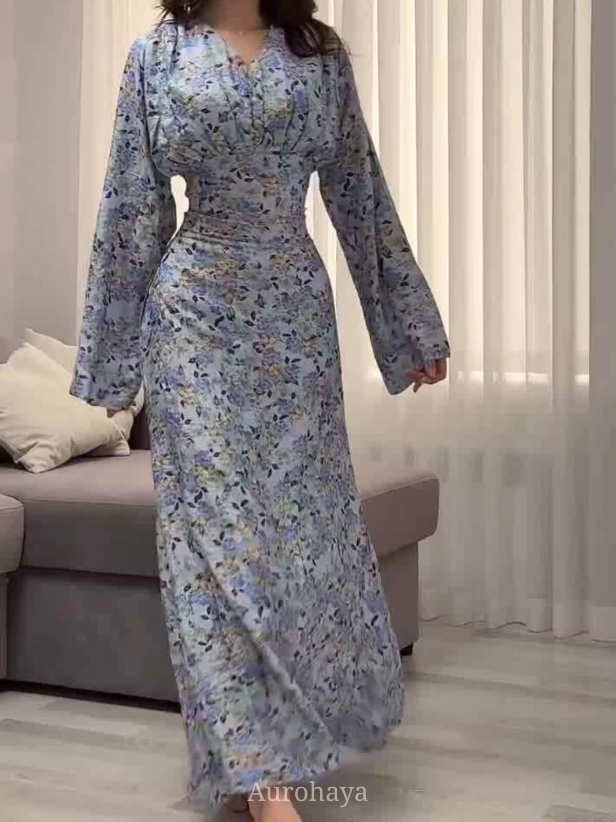 Aurohaya Elegant Long Sleeve Floral Maxi Dress