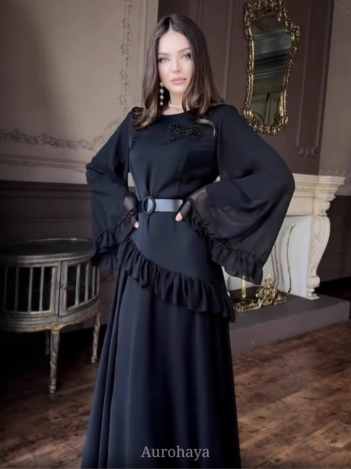 Solid Color Long Sleeve Round Neck Ruffles Patchwork Maxi Dress