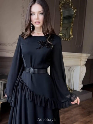 Aurohaya Solid Color Long Sleeve Round Neck Ruffles Patchwork Maxi Dress