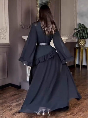 Aurohaya Solid Color Long Sleeve Round Neck Ruffles Patchwork Maxi Dress