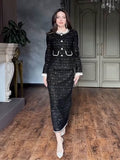 French Sequin Tweed 2-Piece Set — Cropped Long-Sleeve Jacket & Long Pencil Skirt