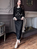 French Sequin Tweed 2-Piece Set — Cropped Long-Sleeve Jacket & Long Pencil Skirt
