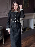 French Sequin Tweed 2-Piece Set — Cropped Long-Sleeve Jacket & Long Pencil Skirt