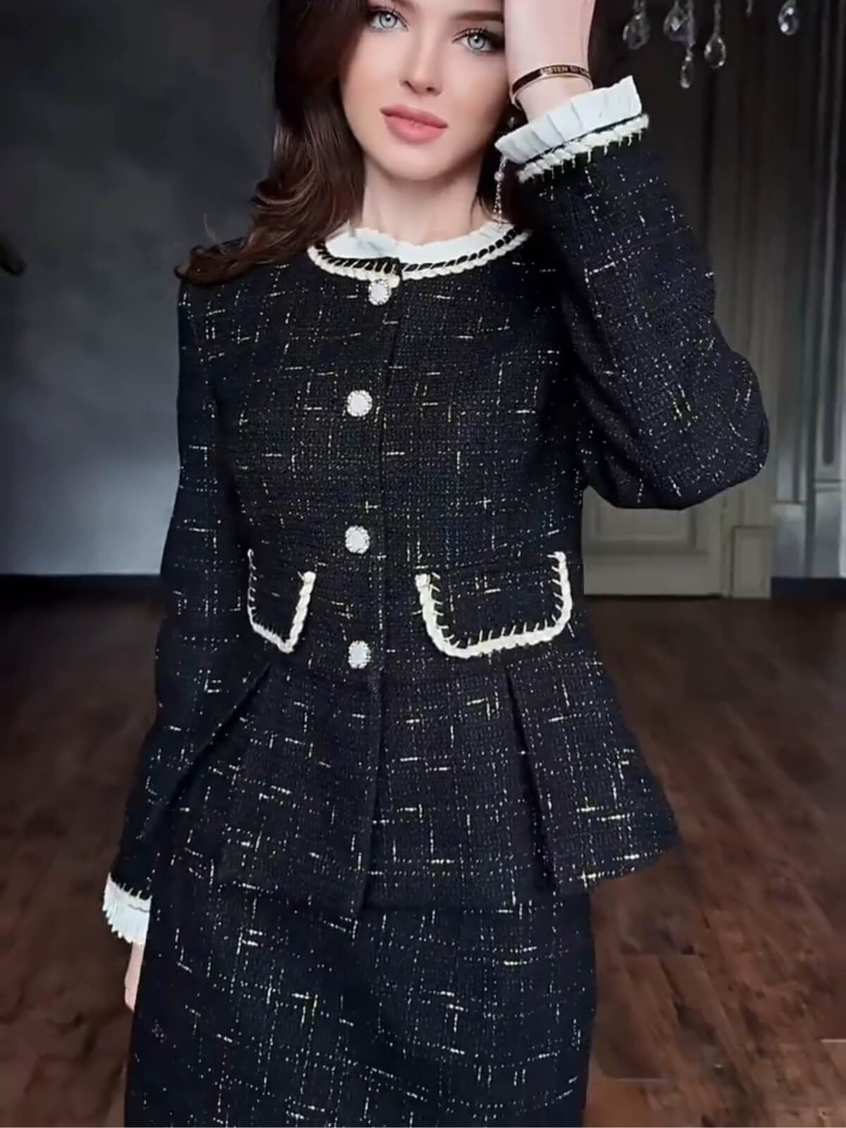 French Sequin Tweed 2-Piece Set — Cropped Long-Sleeve Jacket & Long Pencil Skirt