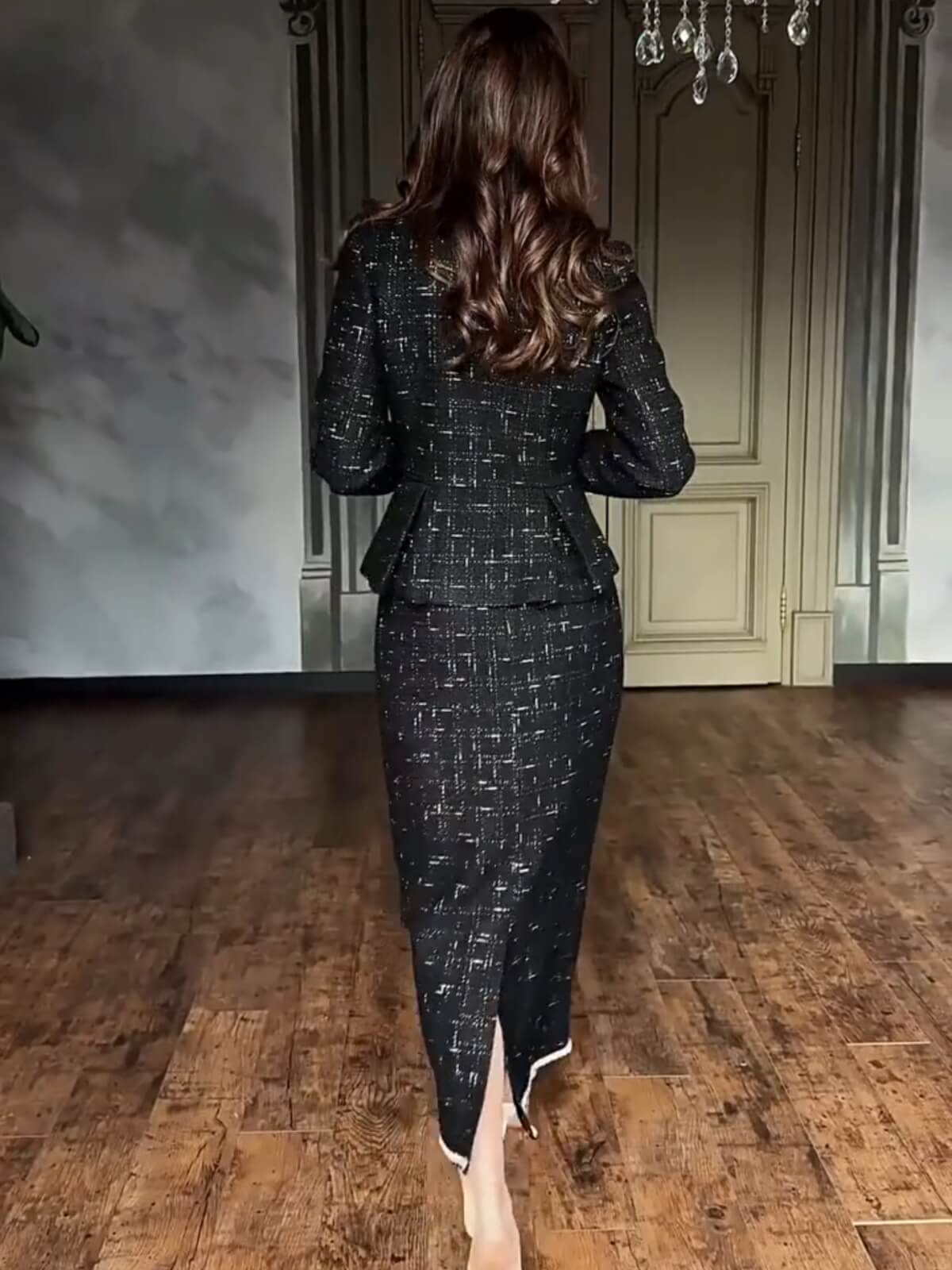 French Sequin Tweed 2-Piece Set — Cropped Long-Sleeve Jacket & Long Pencil Skirt