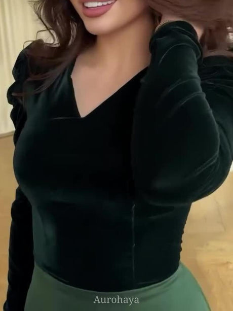 Aurohaya Velvet V-Neck Spliced Panel Tie-Waist Maxi Dress