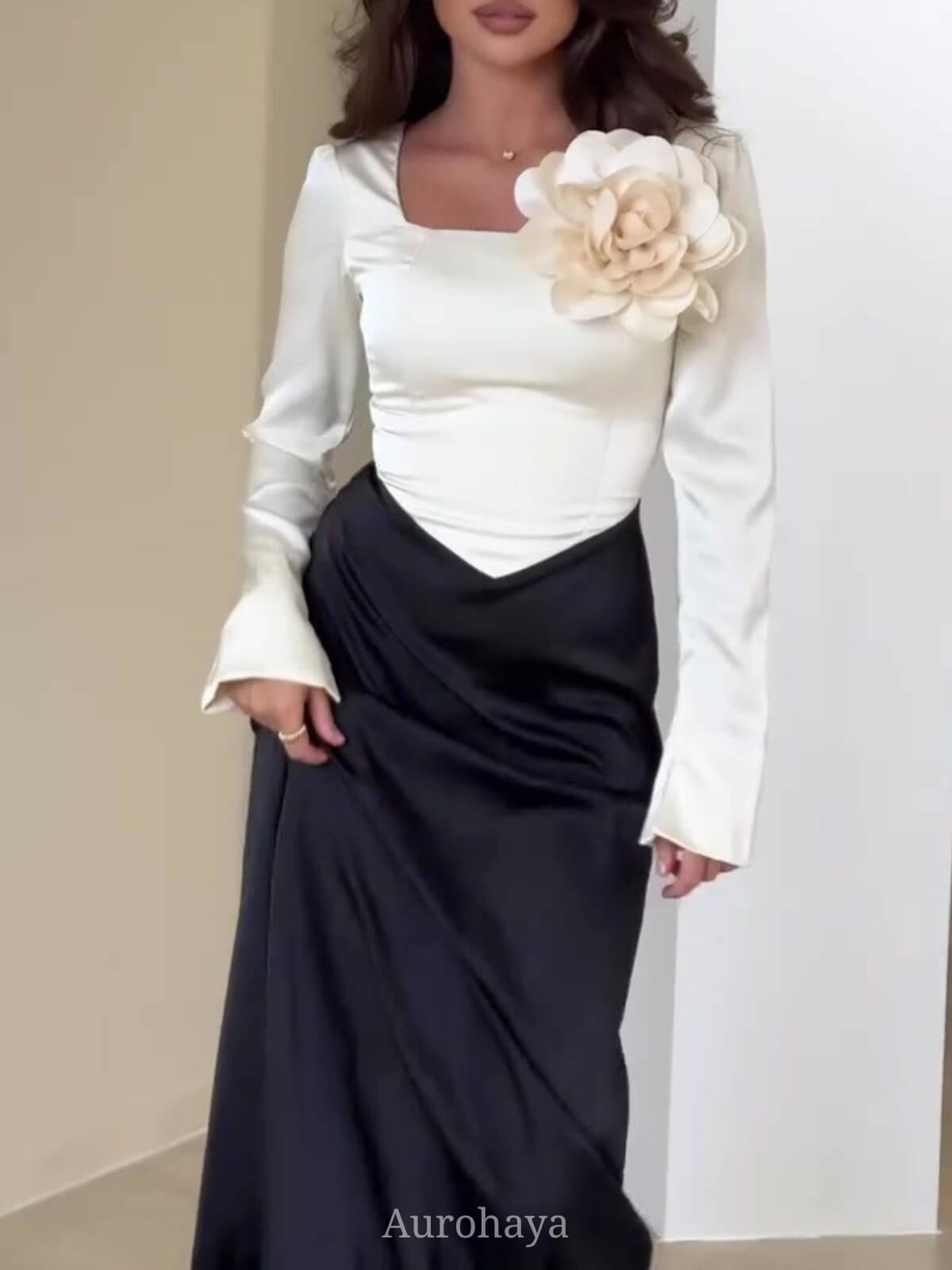 Satin Floral Slim-Fit Colorblock Maxi Dress