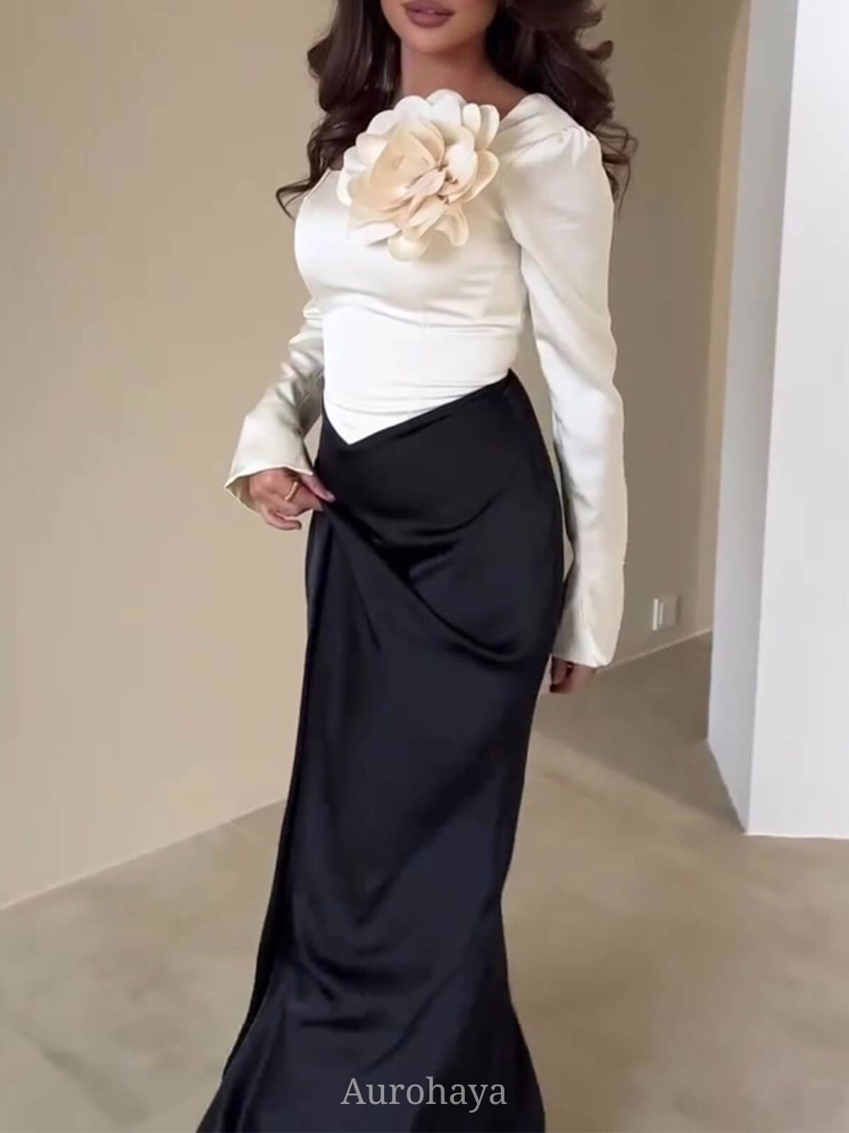 Satin Floral Slim-Fit Colorblock Maxi Dress