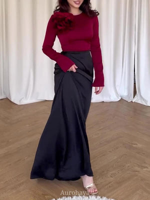 Aurohaya Satin Floral Slim-Fit Colorblock Maxi Dress Wine