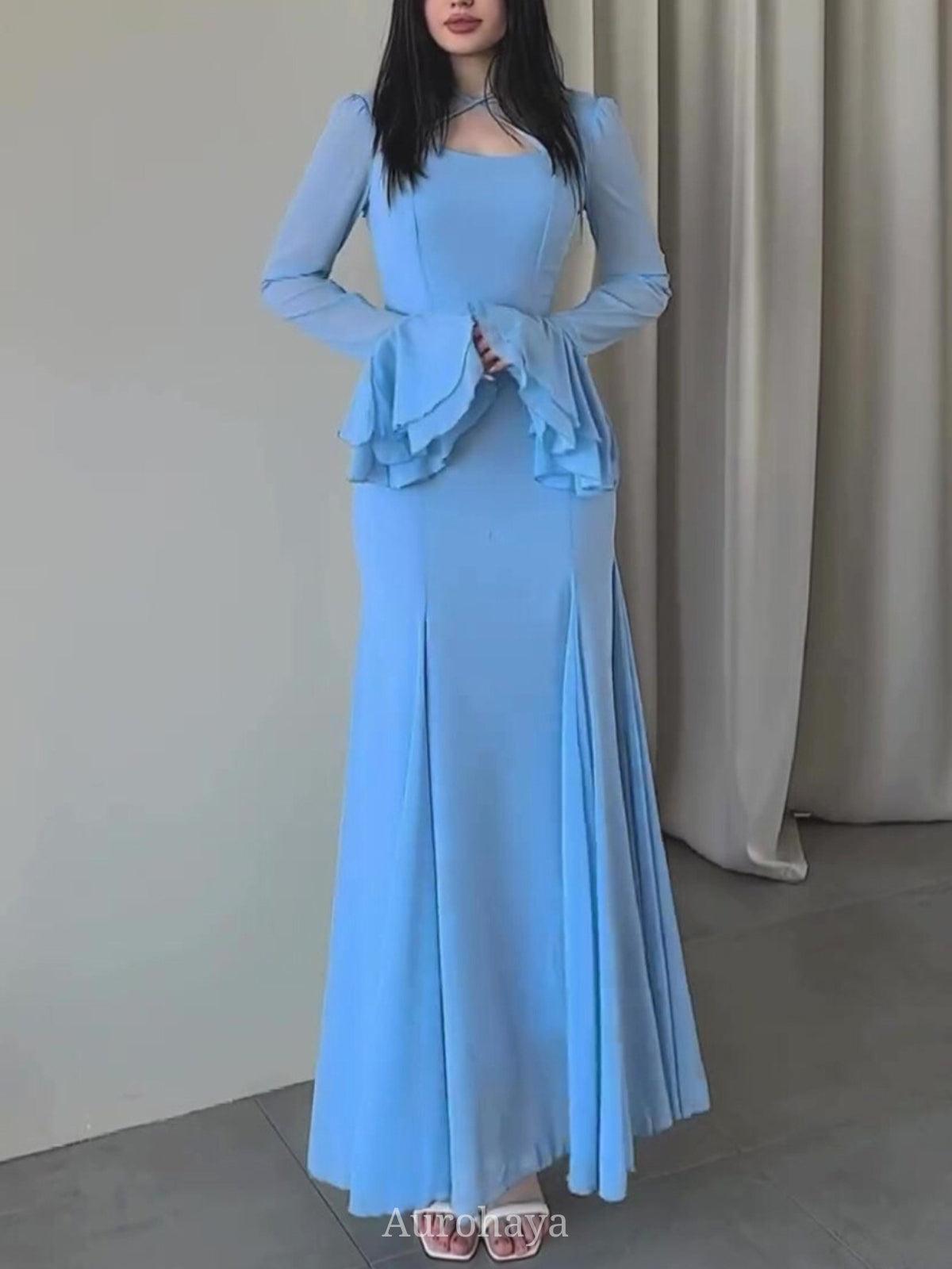 Aurohaya Ruffle Long Sleeve Square Neck Formal Maxi Dress Blue Gray