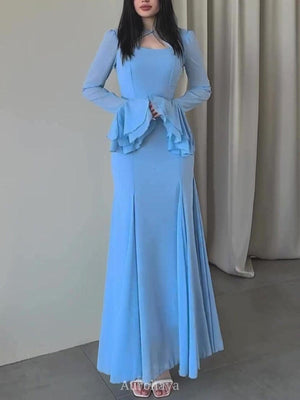 Aurohaya Ruffle Long Sleeve Square Neck Formal Maxi Dress Blue Gray