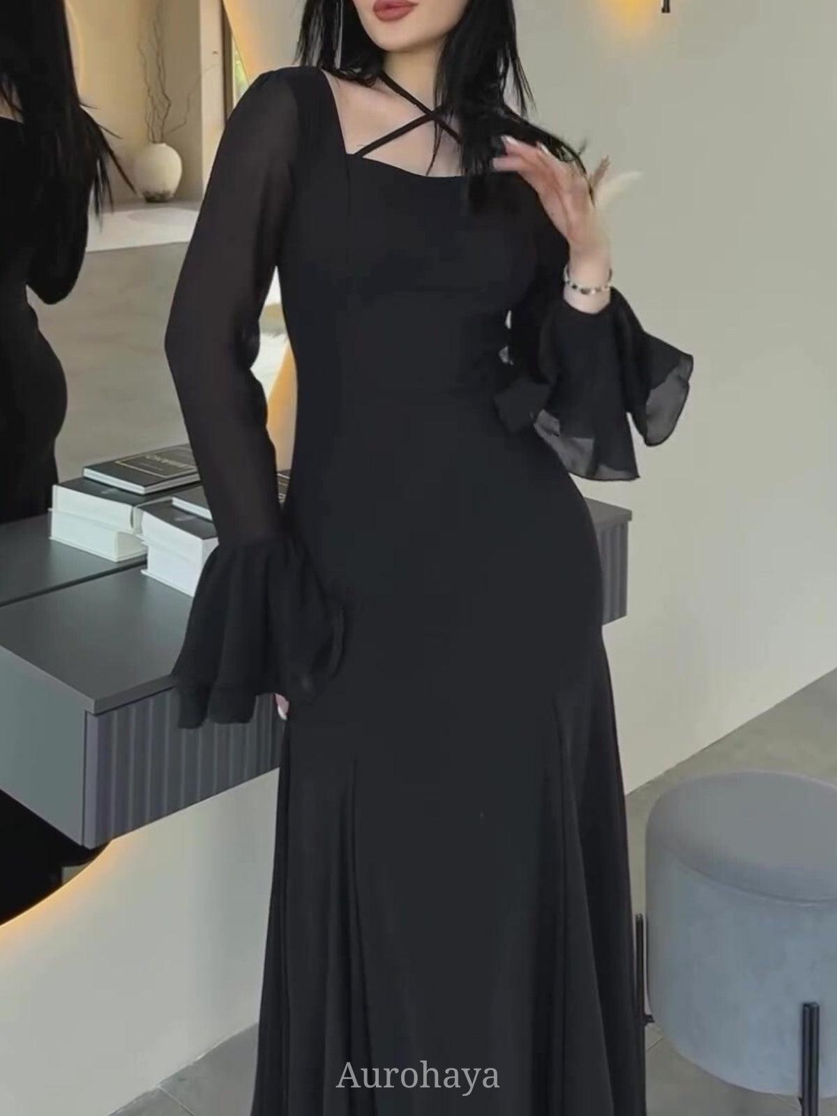 Ruffle Long Sleeve Square Neck Formal Maxi Dress