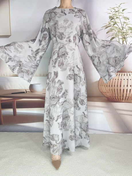 Aurohaya Chiffon Floral Ruffle‑Sleeve Maxi Dress Gray