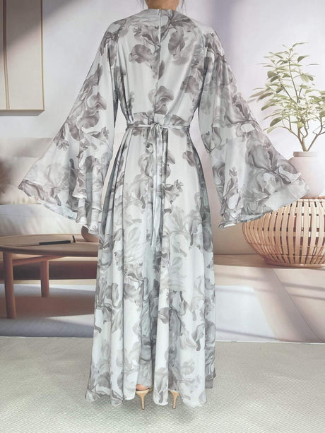 Aurohaya Chiffon Floral Ruffle‑Sleeve Maxi Dress