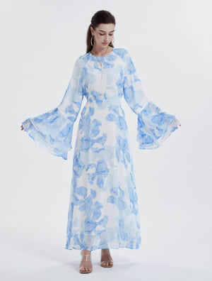 Aurohaya Chiffon Floral Ruffle‑Sleeve Maxi Dress