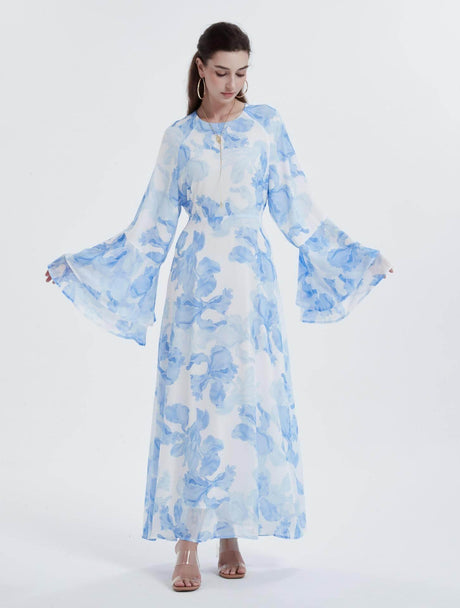 Aurohaya Chiffon Floral Ruffle‑Sleeve Maxi Dress