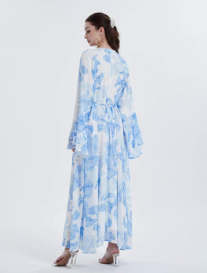 Aurohaya Chiffon Floral Ruffle‑Sleeve Maxi Dress