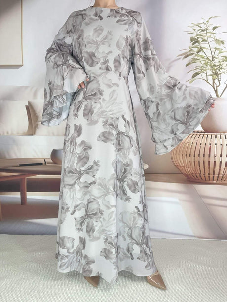 Aurohaya Chiffon Floral Ruffle‑Sleeve Maxi Dress